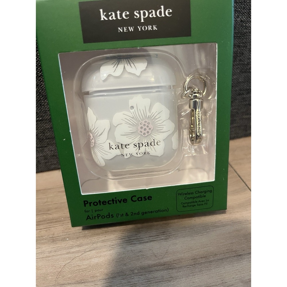 Kate Spade AirPods Case 1st & 2nd Gen Hollyhock Floral w/ Keychain Clip White - Picture 2 of 4